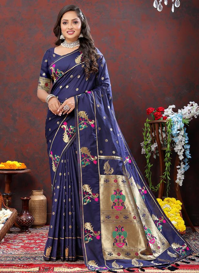 Navy Blue Soft Silk Party Wear Zari Work Saree