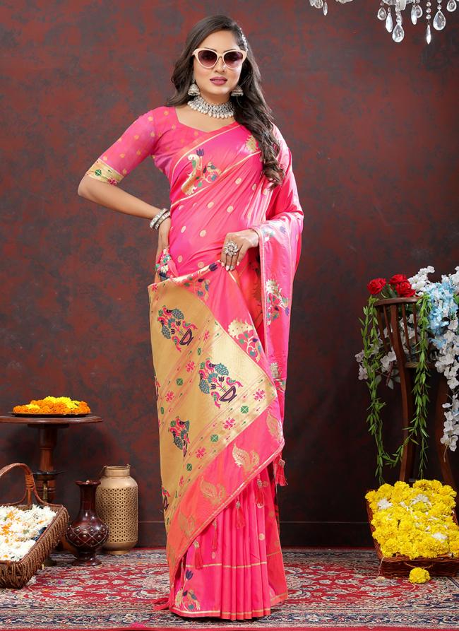 Pink Soft Silk Party Wear Zari Work Saree