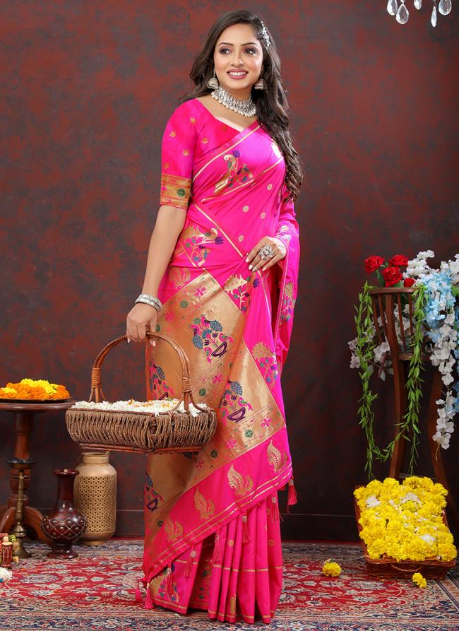 Rani Pink Soft Silk Party Wear Zari Work Saree