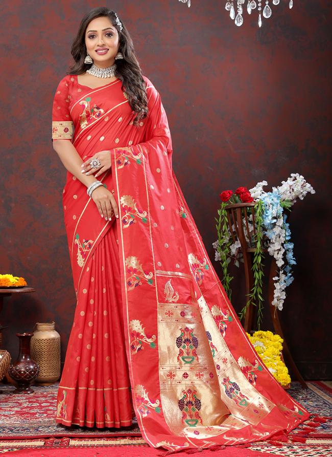 Red Soft Silk Party Wear Zari Work Saree