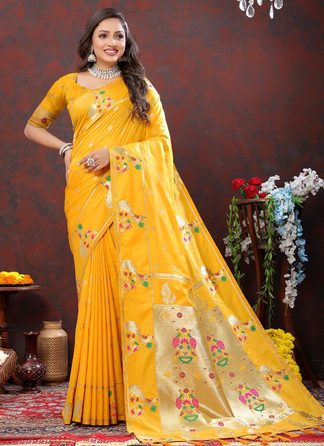 Yellow Soft Silk Party Wear Zari Work Saree