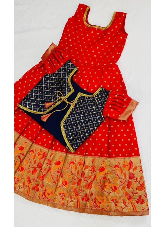 Red Soft zari Silk Wedding Wear Weaving Readymade Kids Gown With Koti