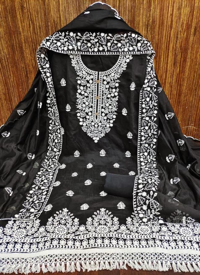 Black Chanderi Modal Traditional Wear Embroidery Work Dress Material