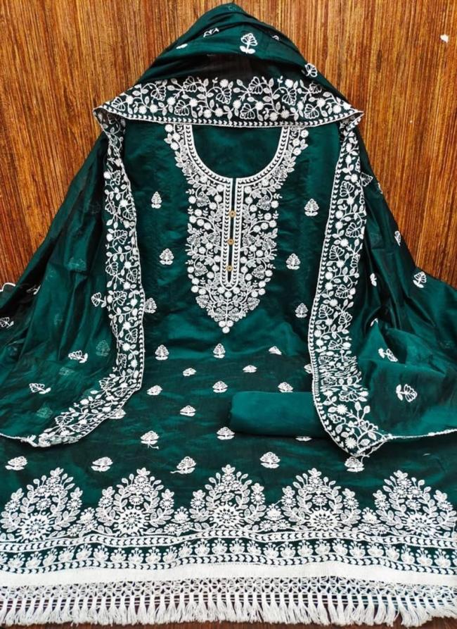 Dark Green Chanderi Modal Traditional Wear Embroidery Work Dress Material