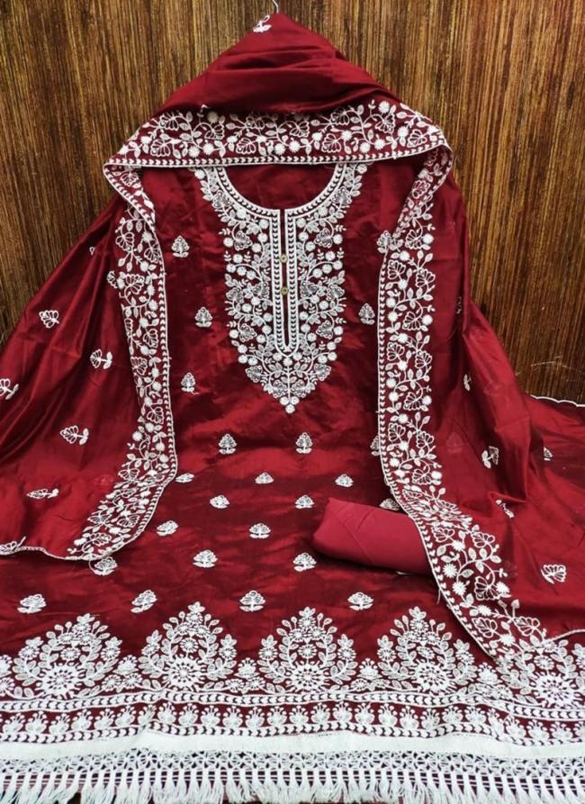 Red Chanderi Modal Traditional Wear Embroidery Work Dress Material