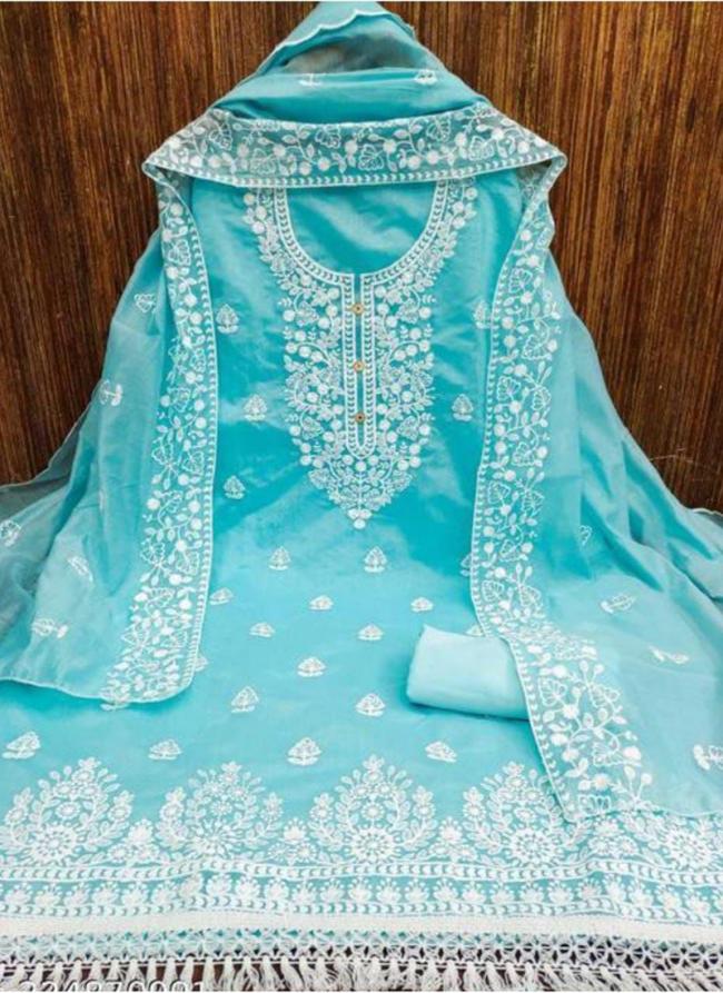 Sky Blue Chanderi Modal Traditional Wear Embroidery Work Dress Material