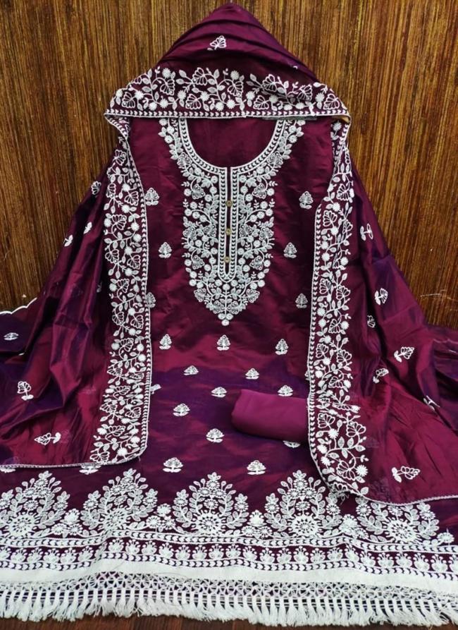 Wine Chanderi Modal Traditional Wear Embroidery Work Dress Material