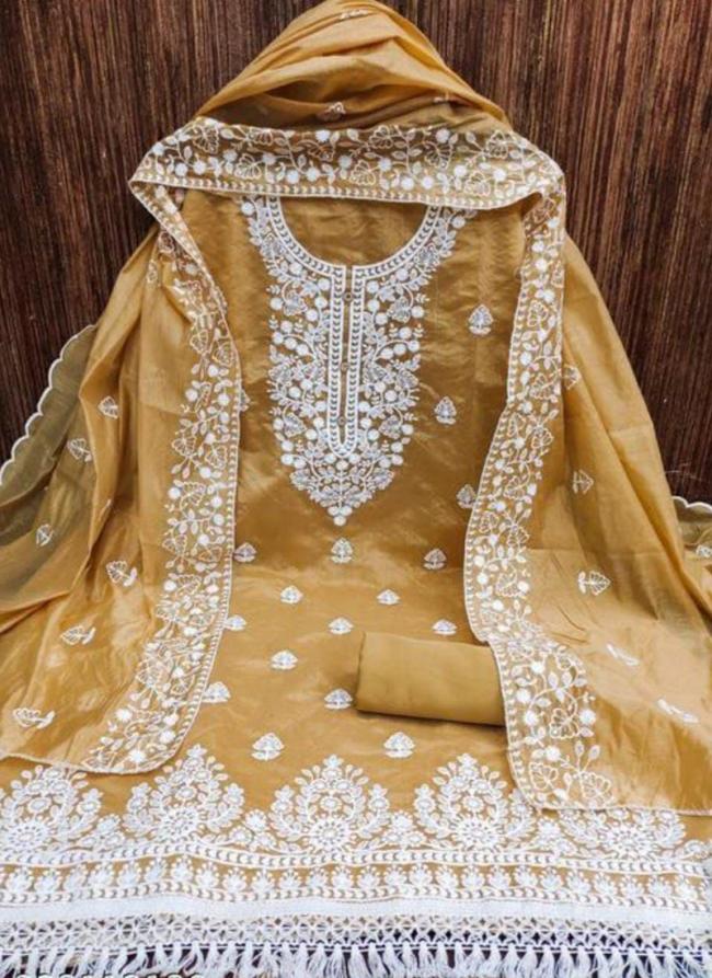 Yellow Chanderi Modal Traditional Wear Embroidery Work Dress Material