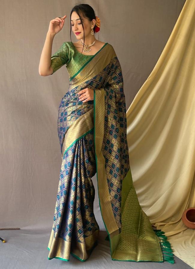 Blue Green Patola Silk Party Wear Weaving Saree