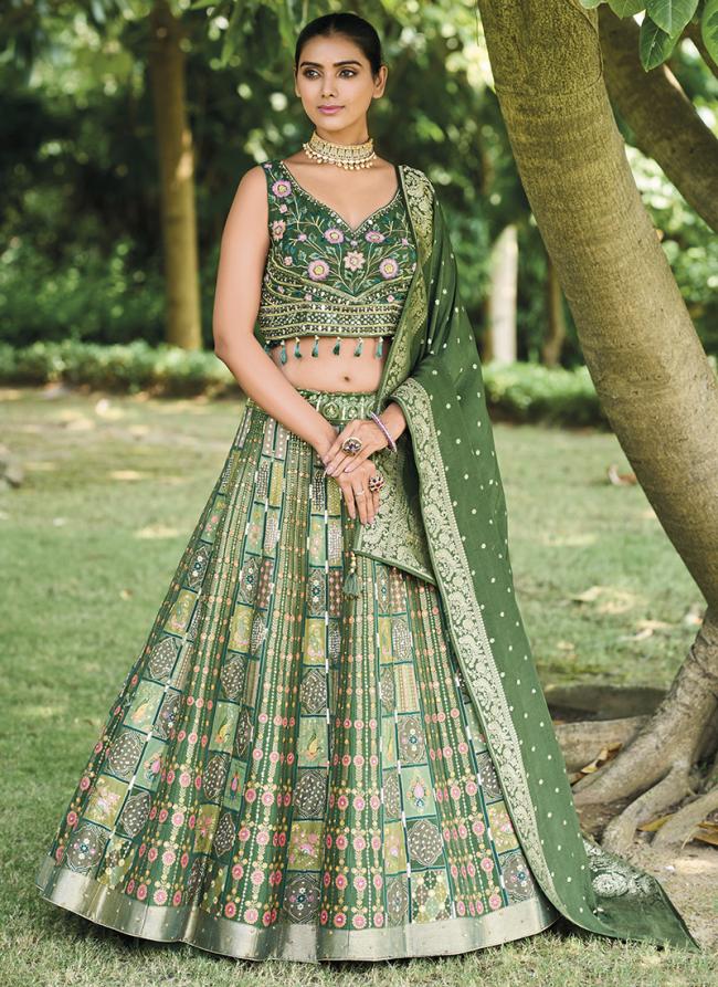 Green Silk Wedding Wear Embroidery Work Ready To Wear Lehenga