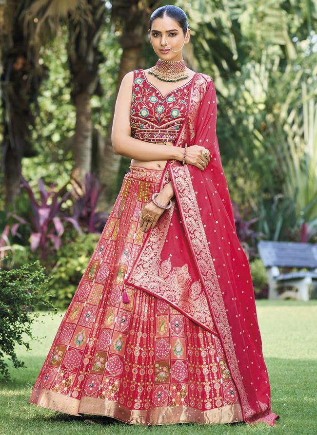 Red Silk Wedding Wear Embroidery Work Ready To Wear Lehenga