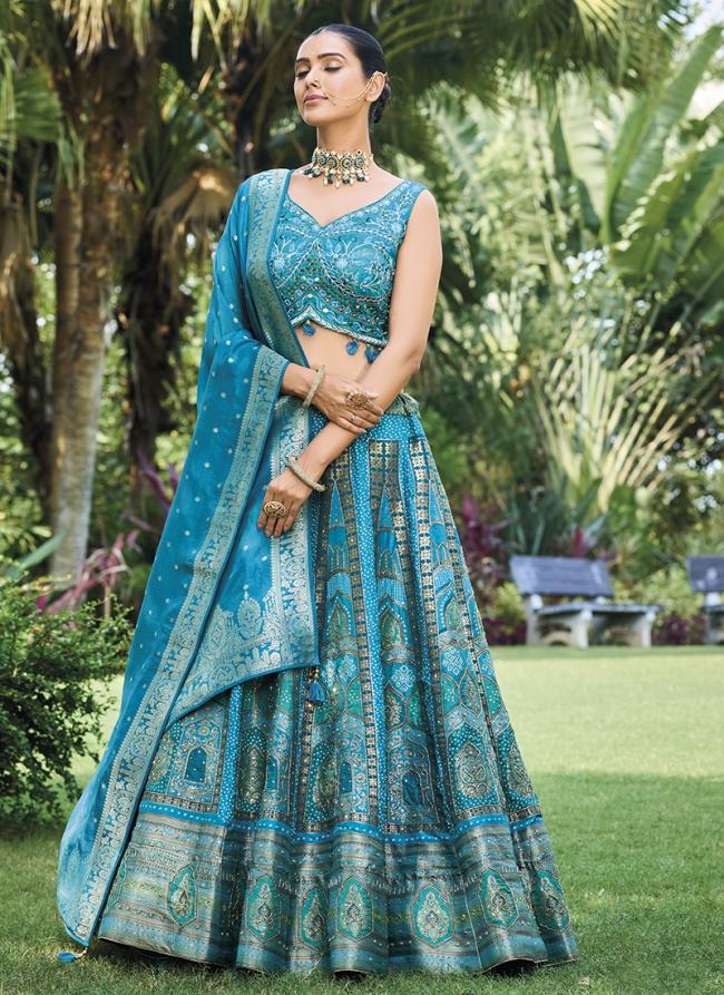 Sky Blue Silk Wedding Wear Embroidery Work Ready To Wear Lehenga