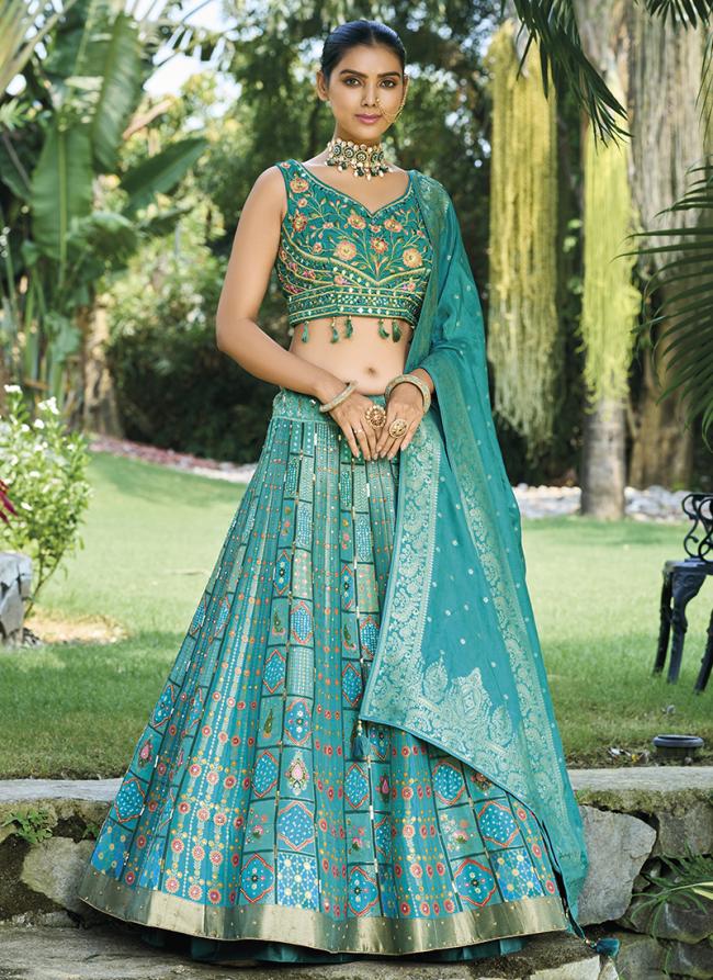 Sky Blue Silk Wedding Wear Embroidery Work Ready To Wear Lehenga