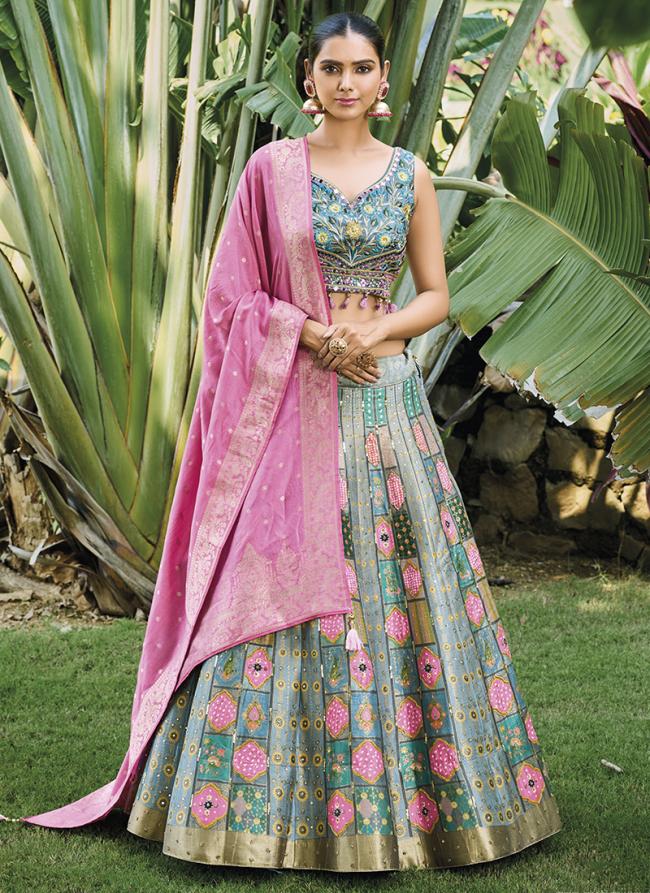 Sky Silk Wedding Wear Embroidery Work Ready To Wear Lehenga