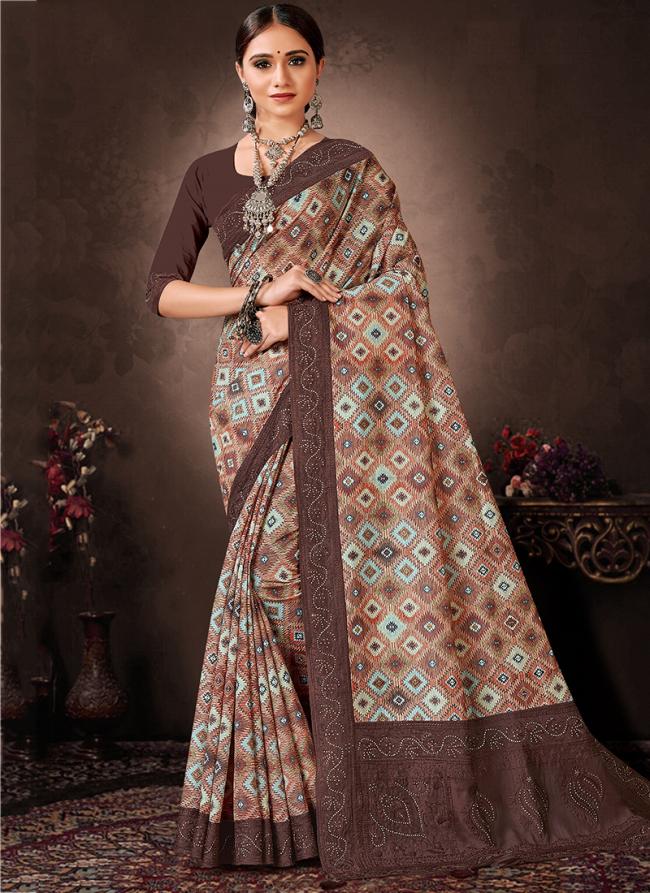 Brown Chanderi Silk Festival Wear Digital Printed Saree