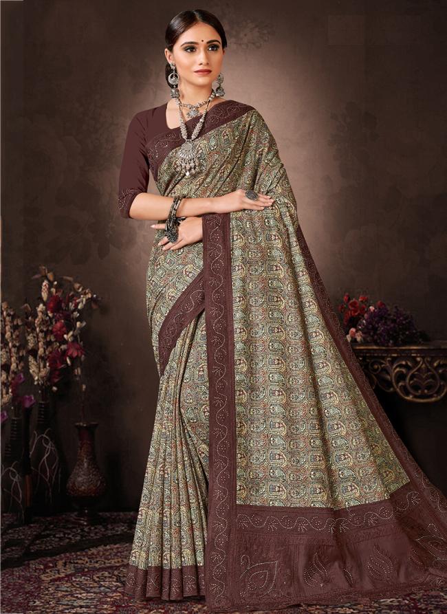 Dark Brown Chanderi Silk Festival Wear Digital Printed Saree