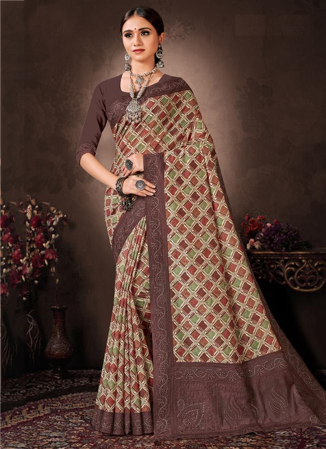 Dark Brown Chanderi Silk Festival Wear Digital Printed Saree