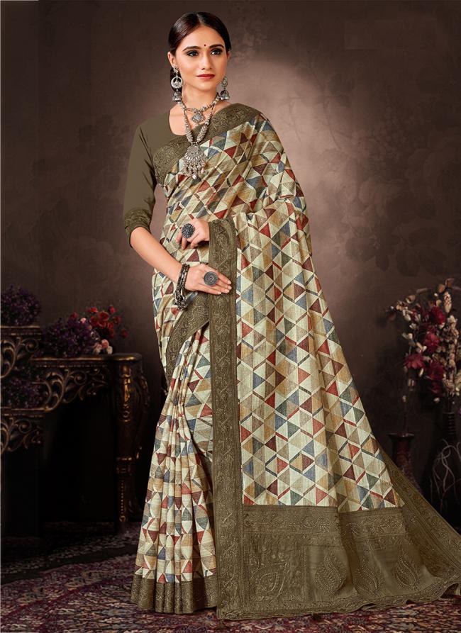 Dark Green Chanderi Silk Festival Wear Digital Printed Saree