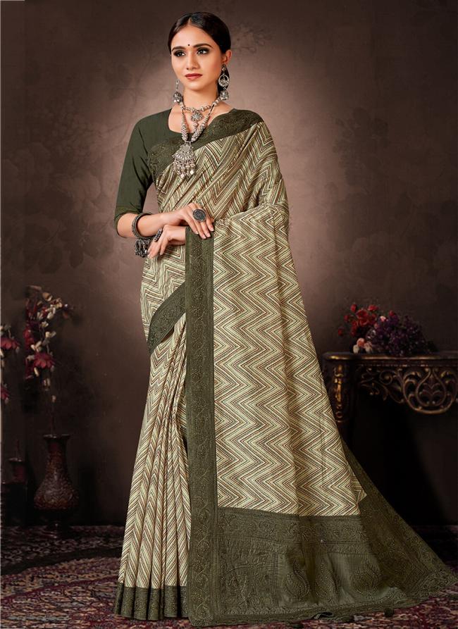 Dark Green Chanderi Silk Festival Wear Digital Printed Saree