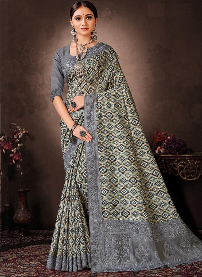 Grey Chanderi Silk Festival Wear Digital Printed Saree