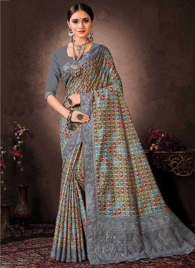 Grey Chanderi Silk Festival Wear Digital Printed Saree