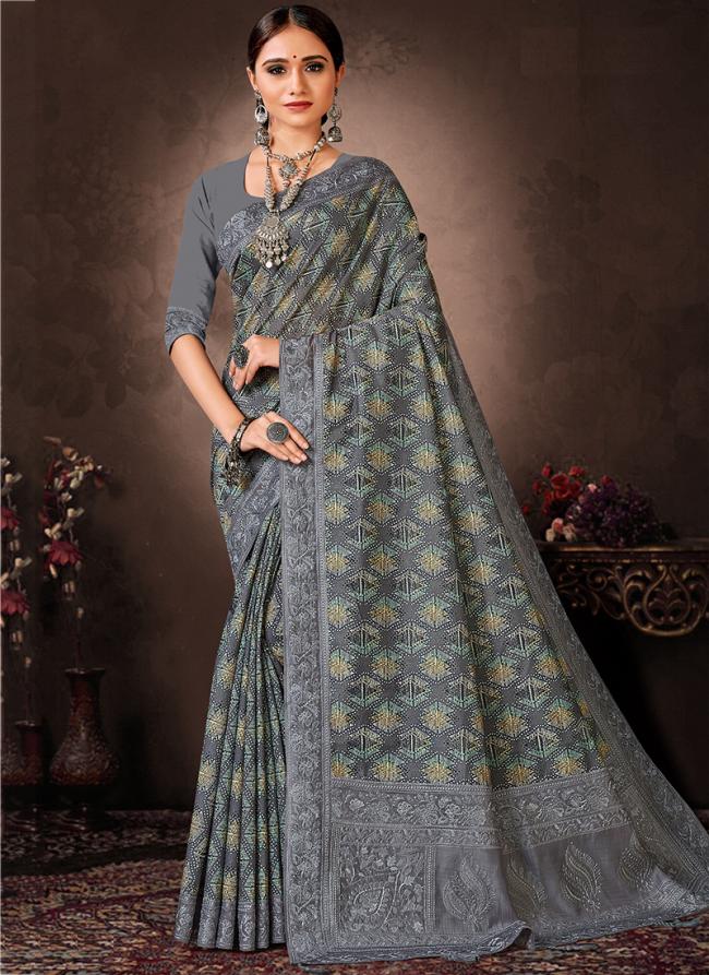 Grey Chanderi Silk Festival Wear Digital Printed Saree