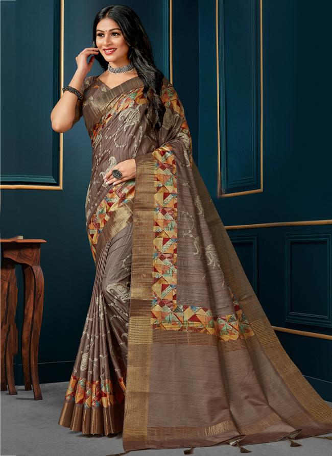 Brown Kotha Silk Festival Wear Digital Printed Saree