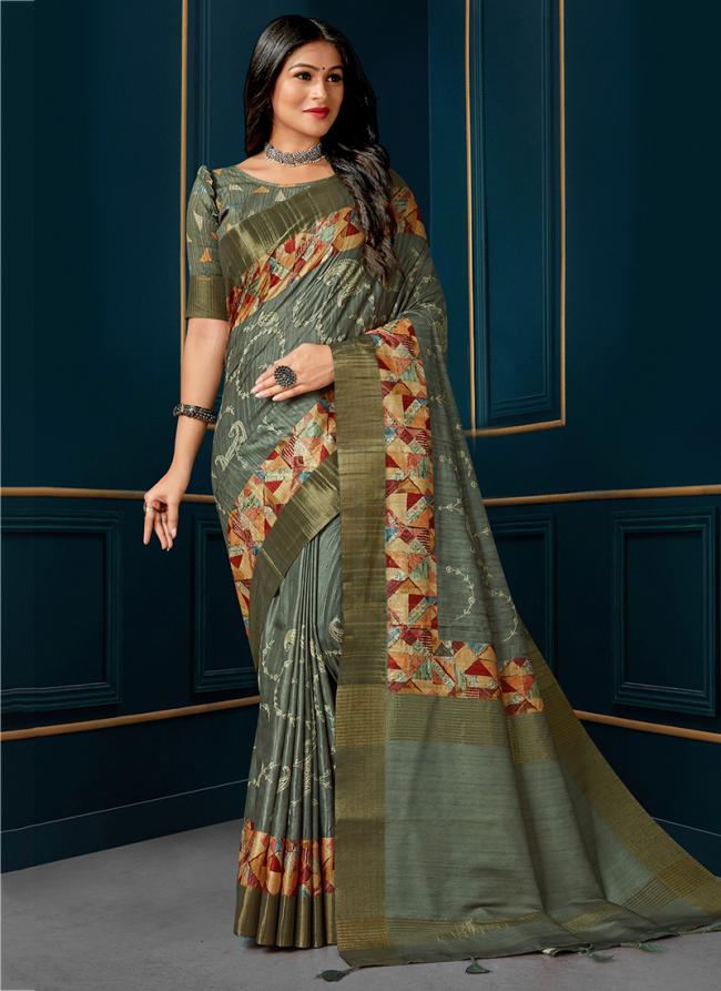 Grey Kotha Silk Festival Wear Digital Printed Saree