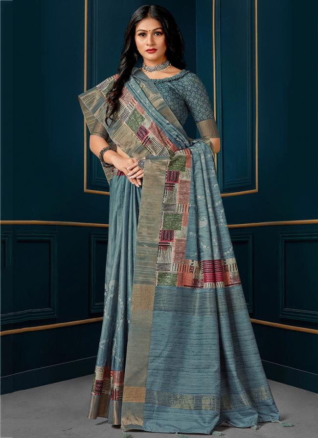 Sky Blue Kotha Silk Festival Wear Digital Printed Saree