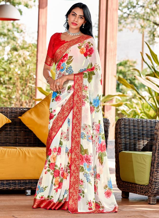 White Heavy Weightless Festival Wear Digital Printed Saree