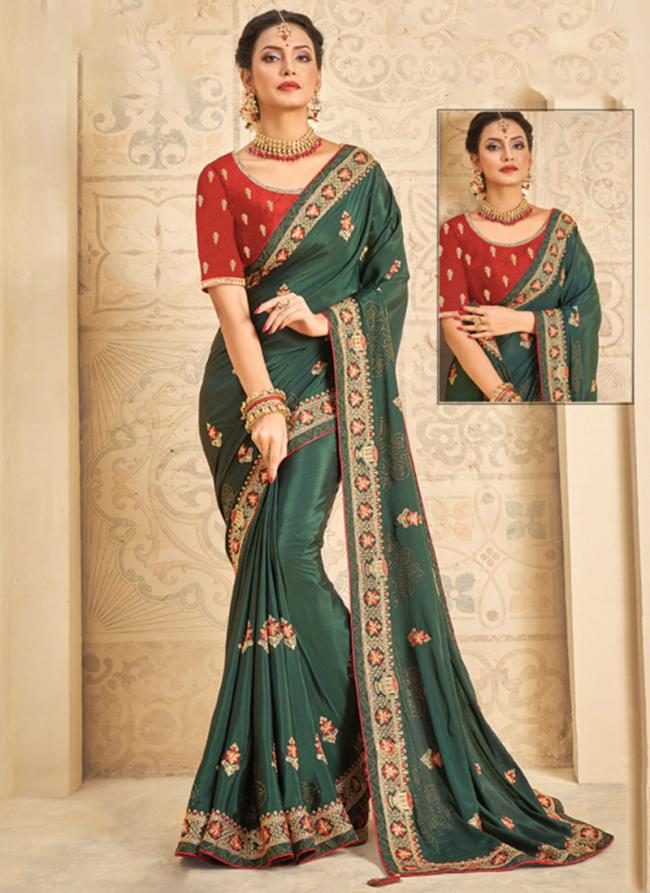 Dark Green Crepe Silk Wedding Wear Embroidery Work Saree