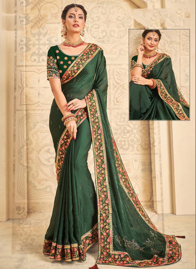 Green Sattin Silk Wedding Wear Embroidery Work Saree