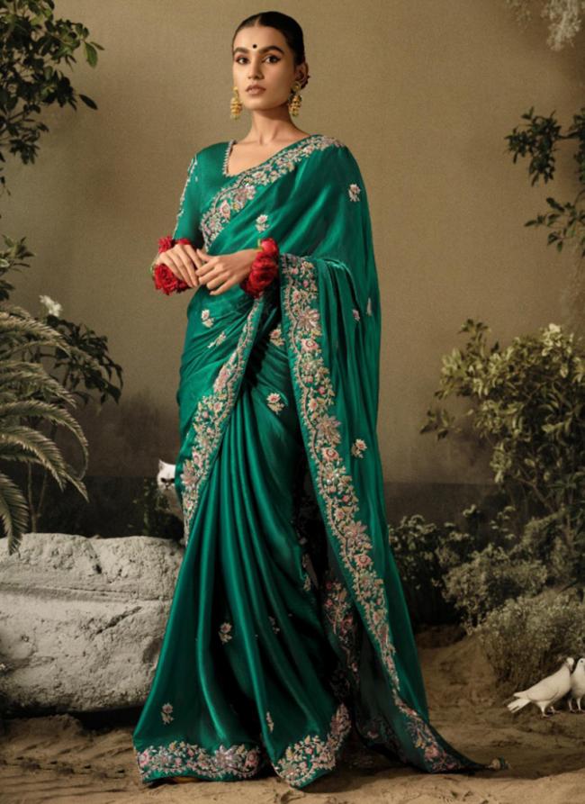 Green Pure Fancy Party Wear Embroidery Work Saree