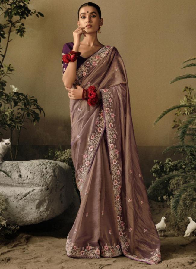 Light Purple Pure Fancy Party Wear Embroidery Work Saree