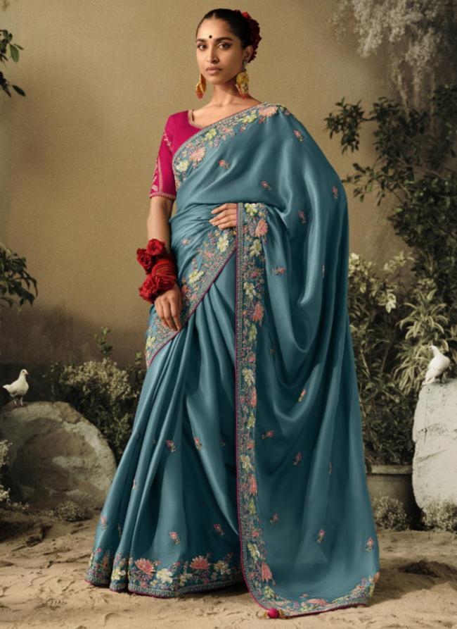 Sky Blue Pure Fancy Party Wear Embroidery Work Saree