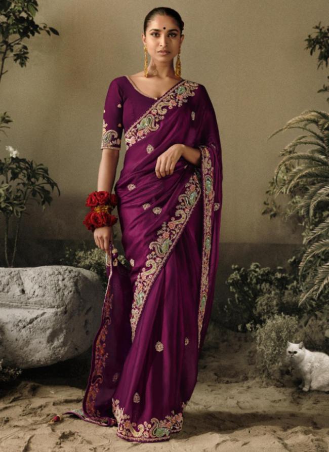 Wine Pure Fancy Party Wear Embroidery Work Saree