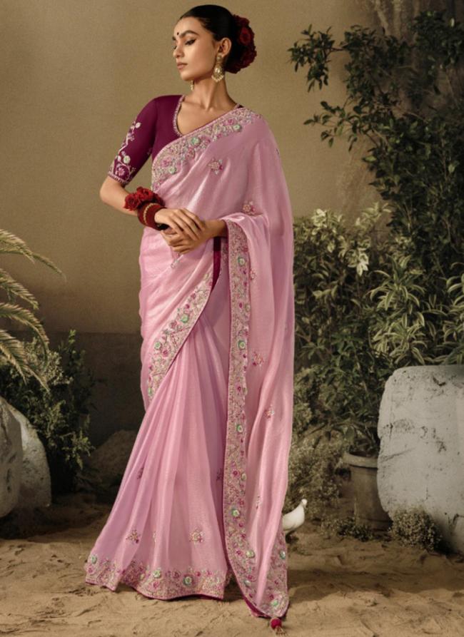 Baby Pink Pure Fancy Party Wear Embroidery Work Saree