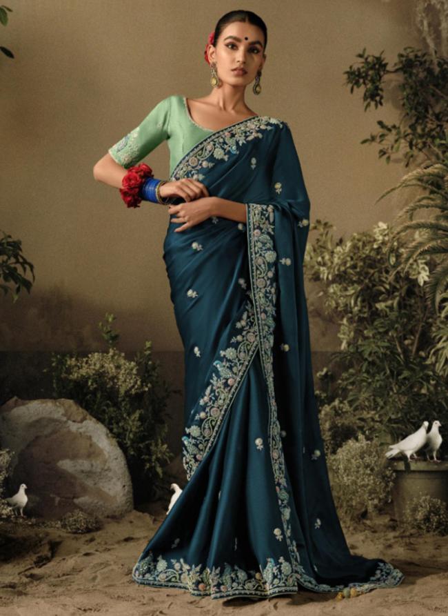 Blue Pure Fancy Party Wear Embroidery Work Saree