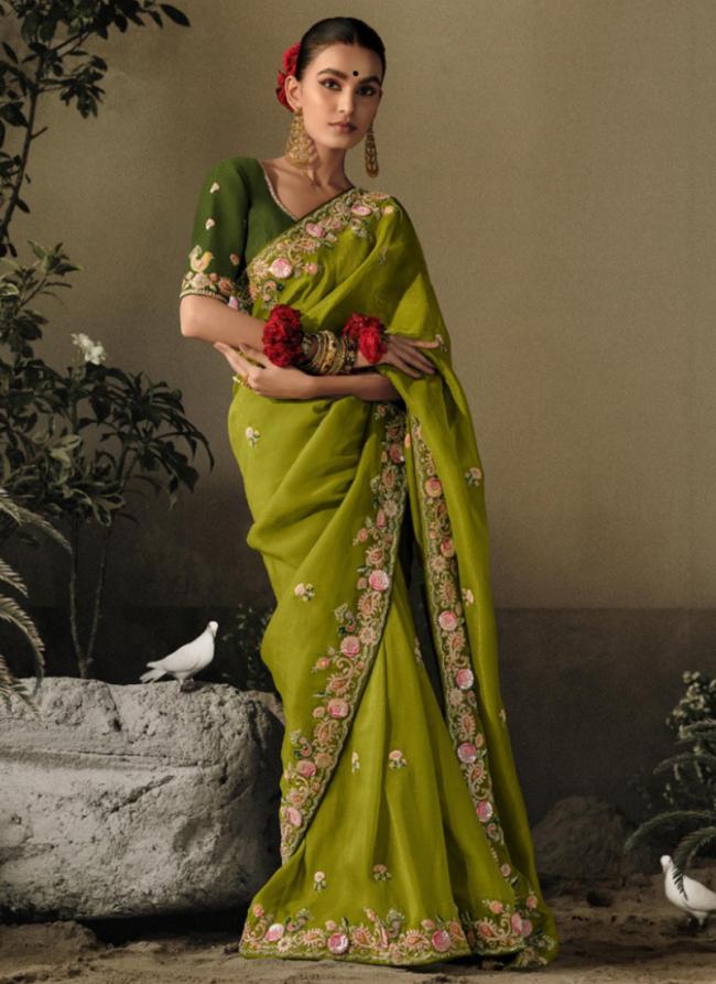 Green Pure Fancy Party Wear Embroidery Work Saree