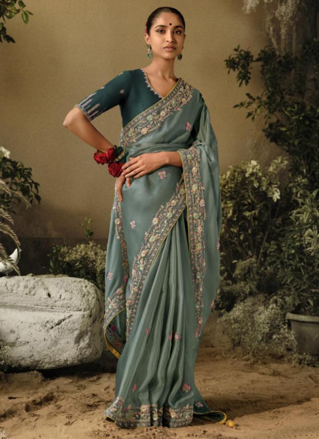 Light Sky Blue Pure Fancy Party Wear Embroidery Work Saree