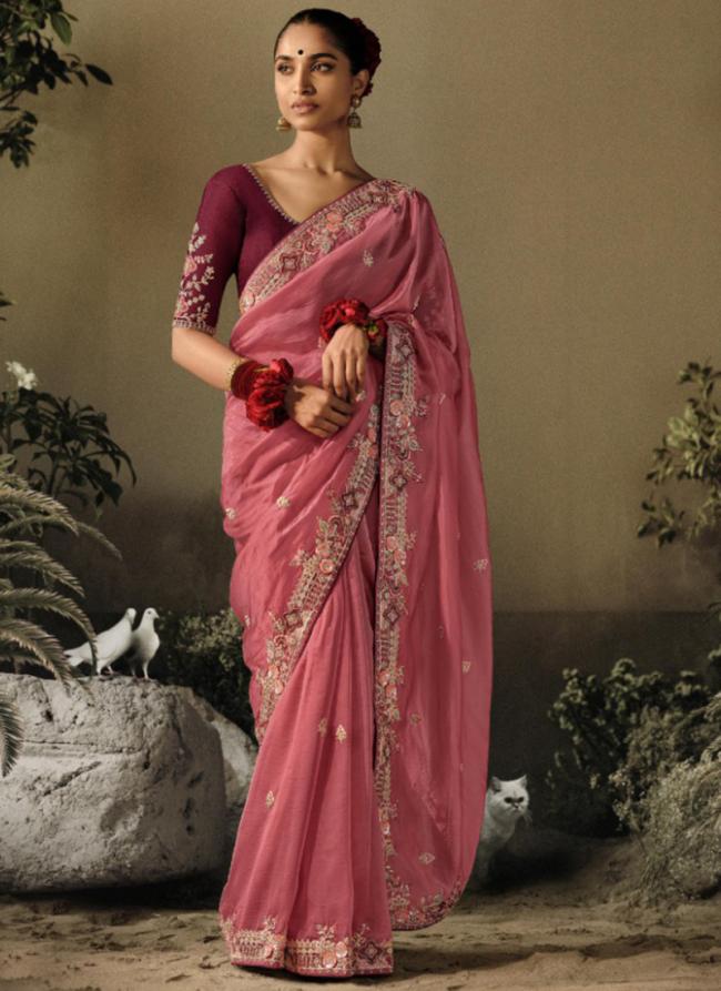 Pink Pure Fancy Party Wear Embroidery Work Saree