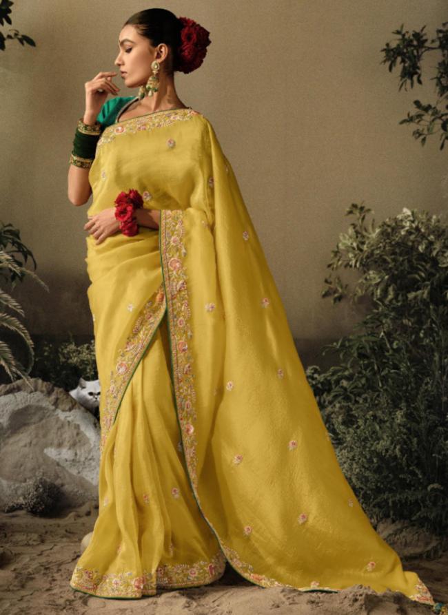 Yellow Pure Fancy Party Wear Embroidery Work Saree