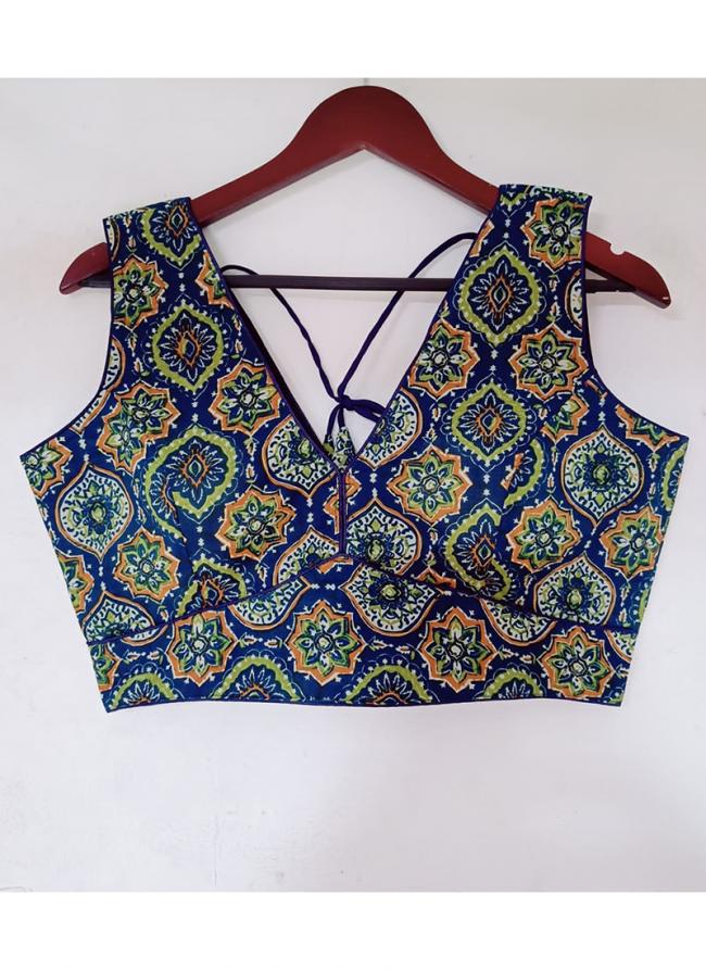 Blue Cotton Party Wear Digital Printed Readymade Blouse