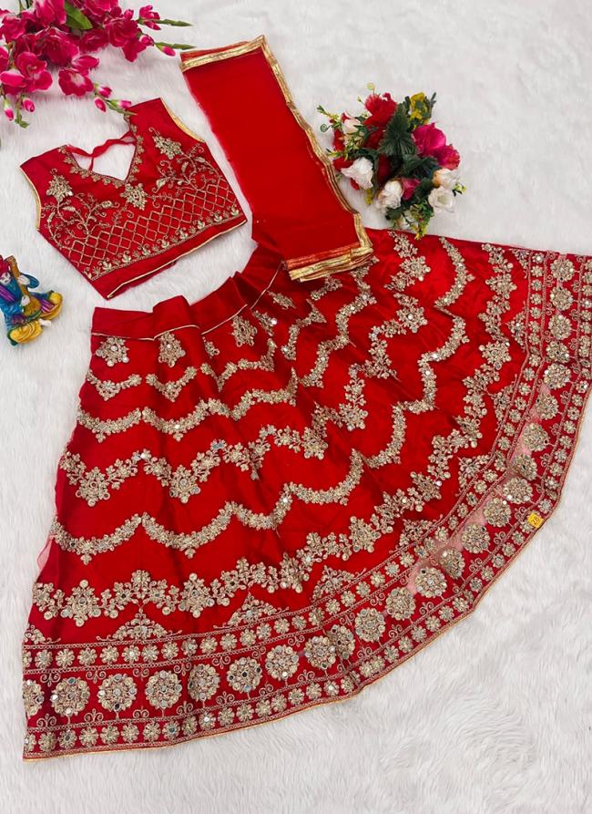 Red Heavy Mono Net Wedding Wear Embroidery Work Readymade Kids Lehenga Choli