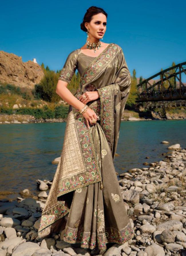 Grey Pure zari Party Wear Digital Printed Saree