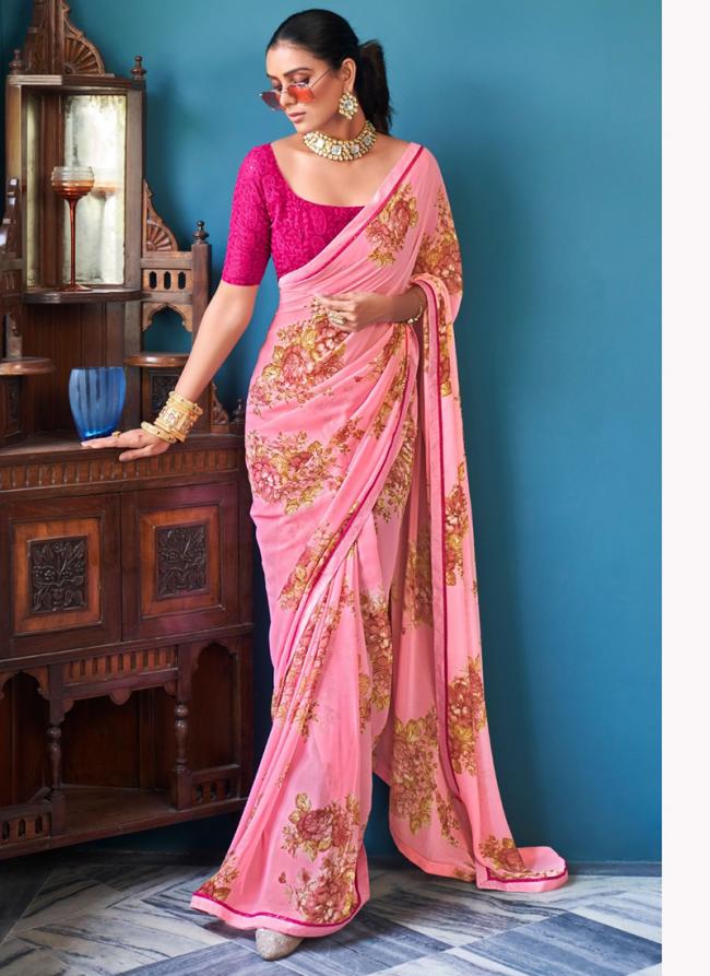 Pink Heavy WEightless Party Wear Digital Printed Saree