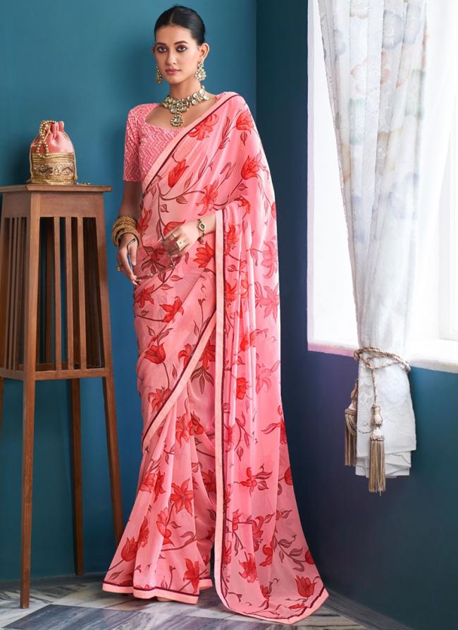 Pink Heavy WEightless Party Wear Digital Printed Saree