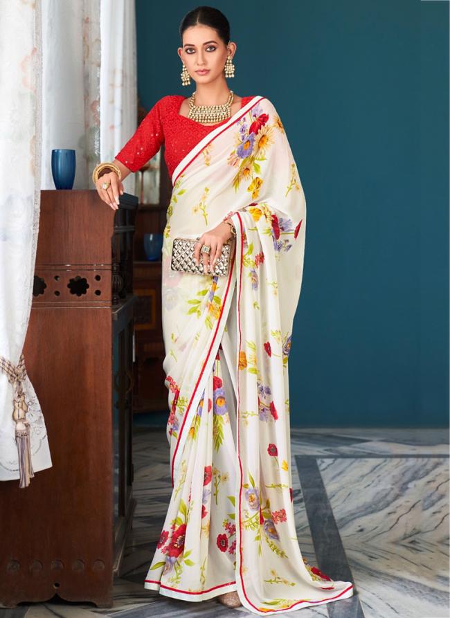 White Heavy WEightless Party Wear Digital Printed Saree