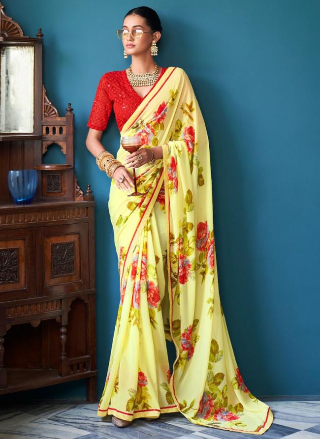 Yellow Heavy WEightless Party Wear Digital Printed Saree