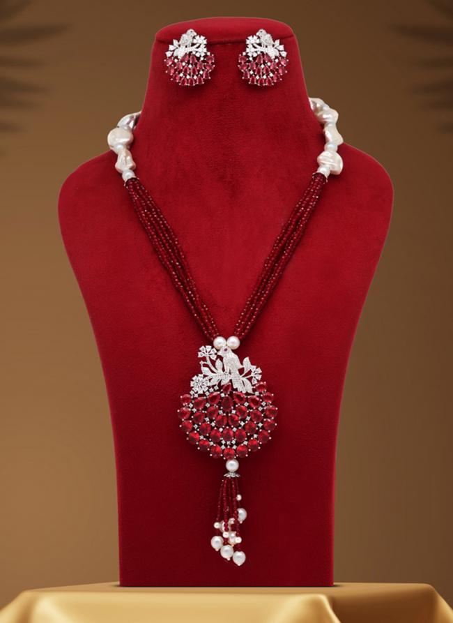 Maroon American Diamond Premium Necklace Set With Kundan Earrings